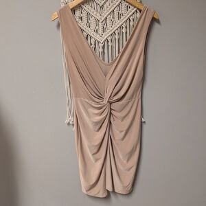 PrettyLittleThing Beige Draped Dress Bodycon Ruche Champagne Mini 8